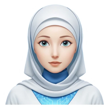 woman with white hijab wearing blue outfit, looking straight ahead, surrounded by futuristic screens showing advanced holographic interfaces, AI visualizations, quantum data patterns, circuit networks, high-tech metaverse elements sticker