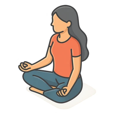 a woman with long hair sitting in lotus pose, side view, 2D isometric illustration style sticker