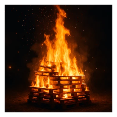 a pallet bonfire, stacked wooden pallets ablaze, bright fire, sparks, nighttime, festive atmosphere sticker