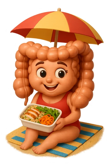 EMOJI STILE IPHONE DI INTESTINO DONNA CON COSTUME INTERO IN SPIAGGIA SEDUTO SU UNA SPIAGGINA SOTTO L'OMBRELLONE CON IN MANO UNA SCHISCETTA DI Insalata di quinoa e pollo con rucola e carote, iperrealistica 4k sticker