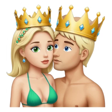 Blonde Queen Green eyes with crown in Bikini kissing Male subject dark Hair blue eyes sticker