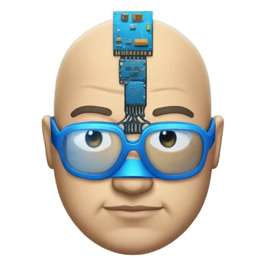 Fat bald cyborg head with tan skin, blue beard, blue goggles and circuits sticker