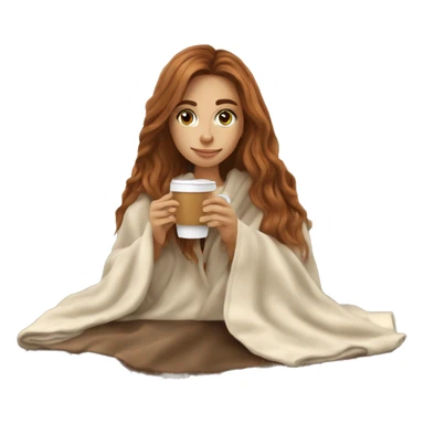Auburn long haired girl in with a blanket and a latté coffe sticker