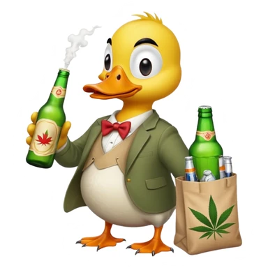 Drunk and high duck animal holding wĺeed bottle and a bag of weed. Looking really drunk sticker