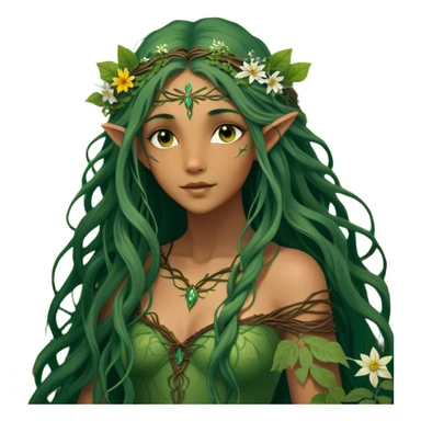 Cinematic Realistic Forest Fairy Portrait, depicted with lifelike, sun-kissed tanned skin that radiates an earthy glow, softly illuminated by natural, dappled light. Her long, flowing dark green hair is intricately detailed and interwoven with delicate vines and wildflowers, while her deep, soulful eyes mirror the wisdom of the forest. Dressed in an attire inspired by nature’s palette—with subtle botanical motifs—the portrait exudes a soft, enchanted glow that melds realism with woodland magic showing her large butterfly wings from her back. sticker