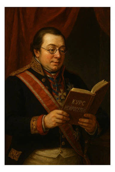 Павел Николаевич Демидов заинтересовано изучает в руках книгу на которой написано Курс Нейросети рисованный стиль sticker