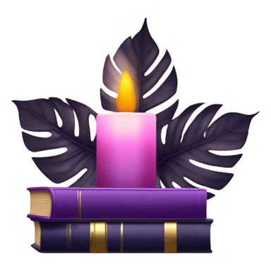 An elegant still life featuring a stack of light and dark violet books, a pink monstera plant, and a brass candle holder. sticker