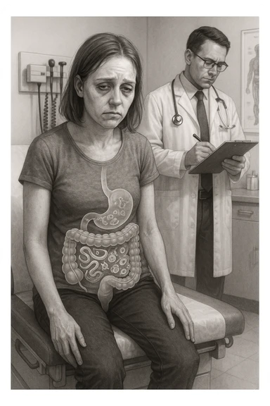 a woman in her 30s sits slumped on a doctor’s examination table, her face pale and eyes sunken with deep fatigue. A transparent overlay on her abdomen reveals stylized images of internal parasites, such as worms or protozoa, inside her digestive tract. The doctor stands nearby, reviewing medical charts. The mood is clinical and educational. sticker
