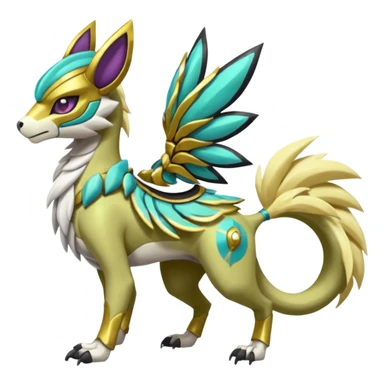 Colorful masked armored leathery scaly furry Futuristic Meloetta-Manectric-Solgaleo-Raikou-Pokémon-Digimon-Fakémon-fusion-hybrid-creature, full body sticker