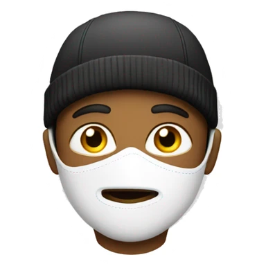 A boy wearing a ski mask and a cap sticker
