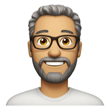 Man aged 40. Short stripped hair and short brown beard, big brown eyes, gray opthical glasses, big smile sticker