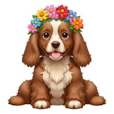 Full body shot of a brown cocker spaniel sitting happily with lots of flowers on his head sticker