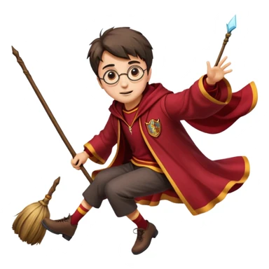 Cartoon-style illustration of Harry Potter flying on a broomstick, Gryffindor red and gold outfit, expressive face, dynamic motion, magical vibe, smooth shading, vibrant colors, no background, transparent background, isolated character. sticker