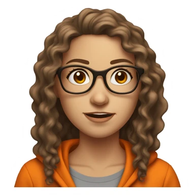 Standing up White woman with brown long curly hair with mischievous look and orange hoodie on. Wearing glasses but one side  has a dark lense and one side  is missing a lense  sticker