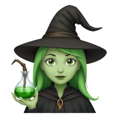 Witch with Green Skin – long-nosed witch in black hat holding potion sticker