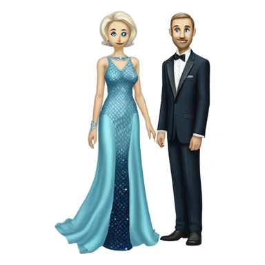 reptilian alien woman, in long slim pastel blue formal party satin dress with gradient shiny sparkling navy blue diamonds embroidered , and caucasian man in black dress sticker