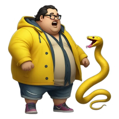 fat man with dark hair,a vibrant long yellow coat, pink glasses, short jeans shorts. Show full lenght peson, person fighting a snake monster sticker