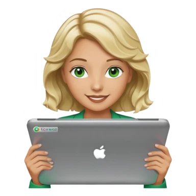 short wavy blonde hair tan skin teacher green eyes woman happy holding chromebook sticker