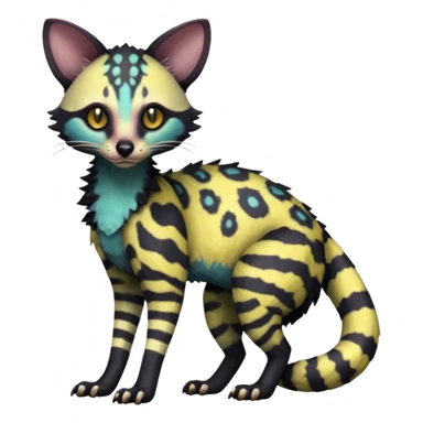 Rare realistic warm-colored lush exotic edgy epic aesthetic gloomy spooky dark modern colorful cyber-Genet-Trico-species-Fakemon-hybrid-creature, with beautiful intricate markings, full body sticker