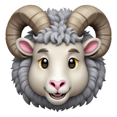 Cinematic Comical Ram Portrait Emoji, Head tilted dramatically with an exaggeratedly amused expression, featuring a striking woolly grey fur with impressively curled horns, wide, expressive dark eyes filled with playful disbelief, Simplified yet hilariously expressive features, highly detailed, glowing with a slightly sassy glow, high shine, dramatic yet playful, stylized with an air of cheeky mischief, bright and endearing, soft glowing outline, capturing the essence of a spirited and over-the-top ram, so meme-worthy it feels like it could butt its way into internet fame instantly! sticker