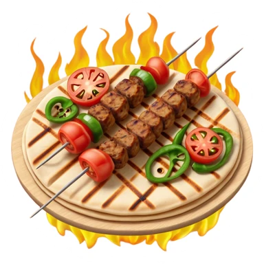 Adana kebab object icon, spicy grilled minced meat skewer, served on flatbread, grilled tomatoes and green peppers on the side, smoky char marks, juicy texture, 3D cartoon, mobile game icon style, centered, clean background, no text, no watermark
 sticker