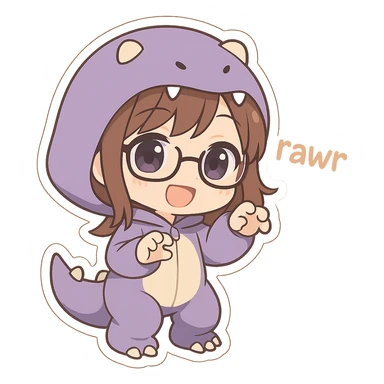chibi anime style girl with glasses, brown hair, dark purple eyes, wearing a purple dinosaur costume, saying 'rawr' in a cute playful way sticker