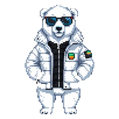 polar bear wearing a white puffer jacket and sunglasses  sticker