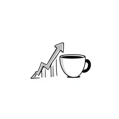 a doodle of a coffee cup next to a bullish stock graph sticker