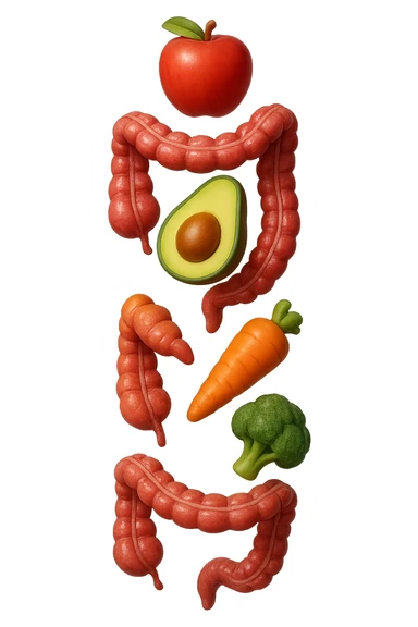 emoji stile iphone in 3d di cibo sano che fluttua in aria vericalmente insieme a pezzi di colon umano anatomico, iperrealistico 4k sticker