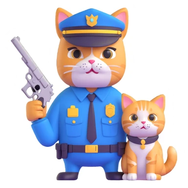 a police officer and a cat, the cat holding a small gun, both looking surprised sticker