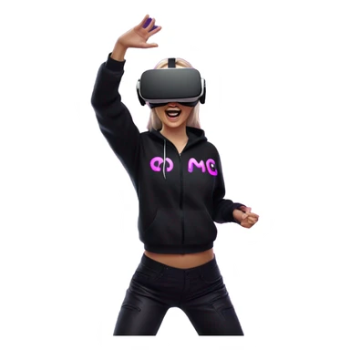 Russian girl wearing black hoody with violet letters "OMG", in vr headset oculus quest2. Dancing. Cyberpunk style. Violet neon. sticker