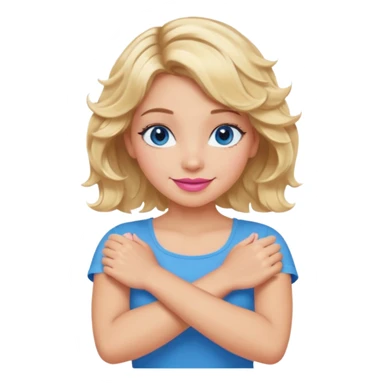 Girl Blonde short wavy hair,  blue eyes, cute blue top, long lashes, pink lips, smiling, making cross arms with arms  sticker