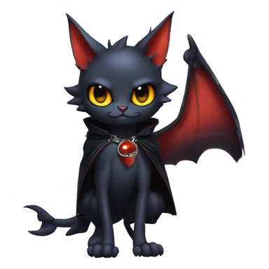 Cute edgy cool beautiful realistic vampiric dark eldritch fantasy Litten-Fakémon-Digimon with bat-wings as ears full body, cloak, choker collar, harness, leg straps sticker