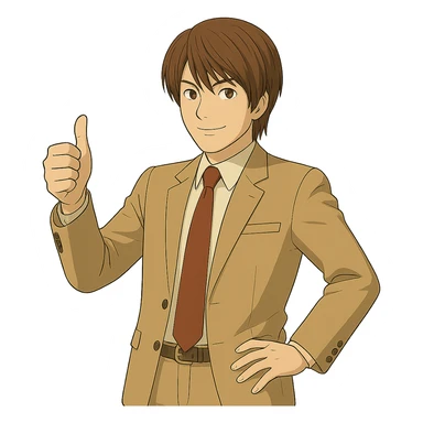 Create an exact Light Yagami in Ghibli style, standing with one hand giving a thumbs up, wearing the same suit, with the same confident expression, on a transparent background. sticker