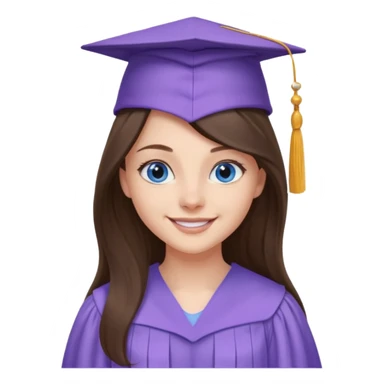 young brunette girl long hair, blue eyes and lilac gown and cap university graduate sticker