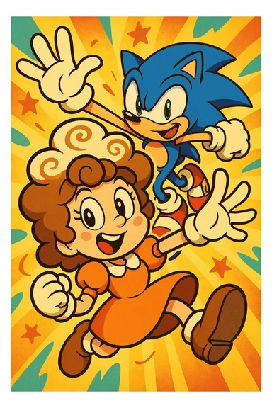 An Italian-style brainrot cappuchina character in the foreground, with Sonic the Hedgehog in the background, playful and colorful composition, cartoonish and energetic style. sticker