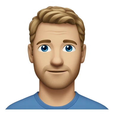 A head and shoulders shot of a 37 year old Caucasian man, with short brown hair, with none facial hair,   with blue eyes wearing a t-shirt. sticker