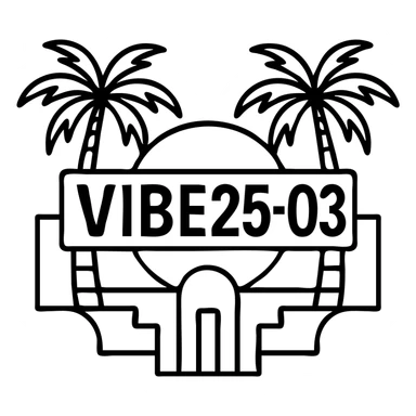 Make this VIBE25-03 logo more Miami Vice inspired by adding 80's Miami palm trees, art deco shapes, and a cool, stylish retro summer vibe, keeping it black and white with no background. sticker