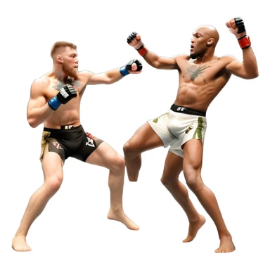 An MMA showdown between Conor McGregor and Anderson Silva in the octagon. McGregor is executing a jumping strike, while Silva skillfully deflects the attack. The background shows the UFC octagon with roaring fans and vibrant energy. Transparent background. sticker