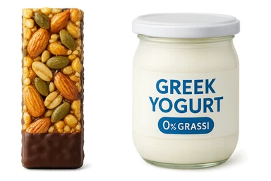 BARRETTA ENERGETICA E BARATTOLO DI YOGURT GRECO CON  LA SCRITTA "0% grassi" SULL'ETICHETTA  , ISOLATA SU SFONDO BIANCO sticker
