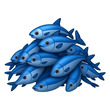 Create a large, loosely pyramid-shaped pile of blue fish in the style of iPhone Apple emojis, blending between 2D and 3D appearance, with a transparent background, variation 1. sticker
