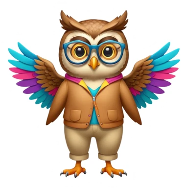 friendly anthropomorphised owl with wings instead of arms, colourful pants and shirt, wearing glasses, walking upright, unique pose 1 sticker