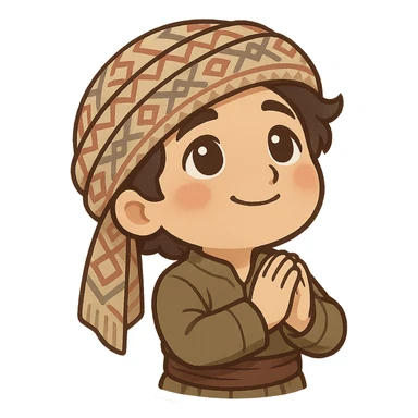 Kurdish sticker, hopeful mood, cartoon style, Kurdish person in jamadani, looking up with a gentle smile, hands together, no text sticker