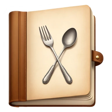 Cookbook with crossed fork and spoon emblem on its cover, recipe collection sticker