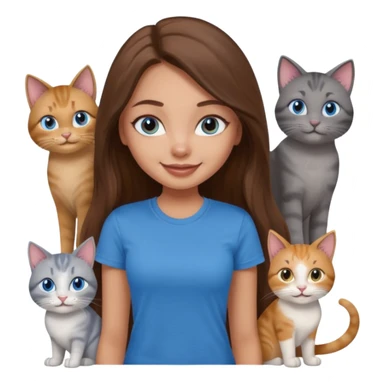 a pretty bratz dusky light skin girl with long brown hair, blue eyes with six cats nd wearing a grey tshirt sticker