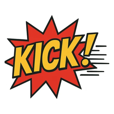 comic book style 'KICK!' action word with motion lines sticker