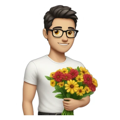 white skin guy with dark hair and glasses gives flowers sticker