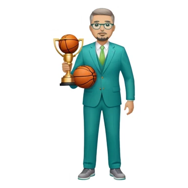 Full Body white plus size man  wearing glasses with a goatee with light brown and gray short hair basketball head Coach in blue and green suit holding trophy sticker