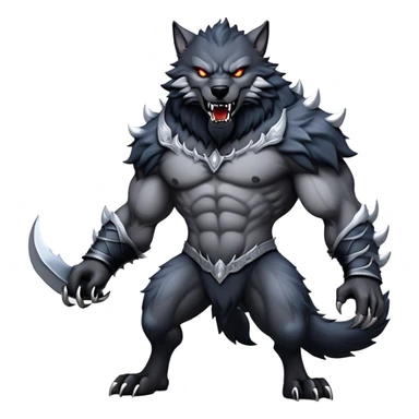 cinematic-noble-fierce-werewolf-full-body-emoji, poised-and-imposing, with a tall, lean, and muscular wolfish frame inspired by the brutal, imposing shape of the beast from Berserk, fur rippling in shades of midnight black and silver, massive paws with razor-sharp claws, elongated limbs and fangs, eyes glowing with an intense, primal ferocity, reflecting the untamed power of the wild moonlit night; rendered with realism sticker