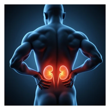 realistic male figure clutching lower back, kidneys highlighted in red, showing swelling or pressure, clinical setting, cool lighting, semi-realistic, medical illustration, 4K sticker